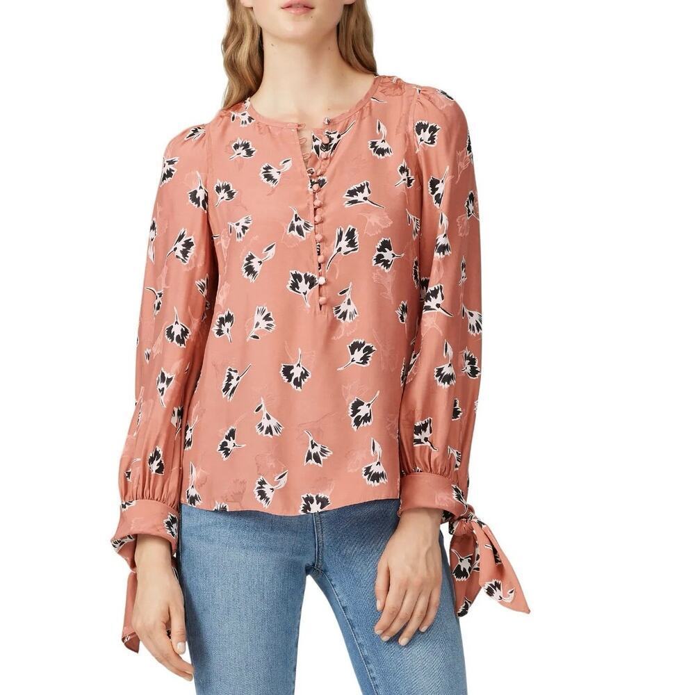 REBECCA TAYLOR Silk Long Sleeve Paintbrush Top Blouse Tied cuffs V-neck‎ Sz 4